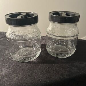 2 VTG Covetro 1L Italian Glass Jars Leaf Stem Design w/Black Acrylic Lid RARE